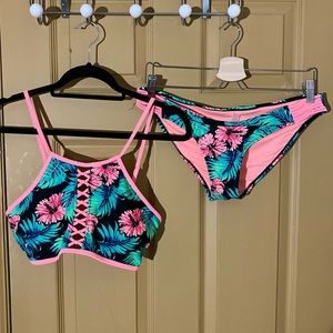 Coral tropics bikini swimsuit high neck strappy palm tropical print neon L 8 10